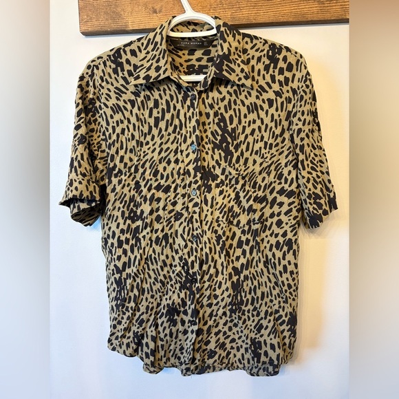 Zara Black and Tan Button Down Shirt with Leopard Print - Picture 6 of 9